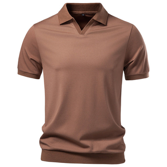 Herren nan feinstrickiges Kurzarm-Poloshirt mit offenem V-Kragen und elastischem Saum