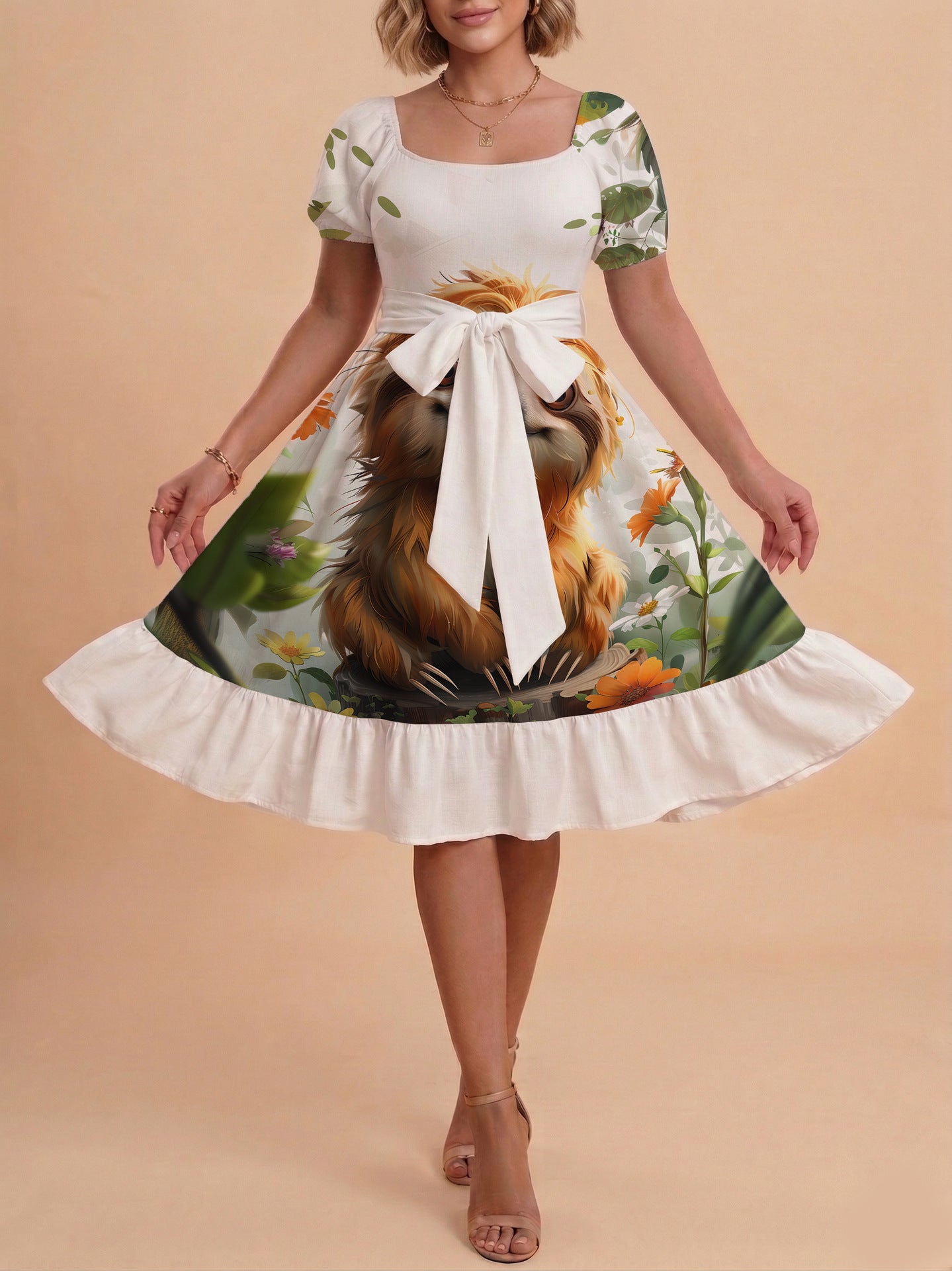 Damen Sommerliches Blumenkleid mit taillierbarem Gürtel und voluminösen Ärmeln