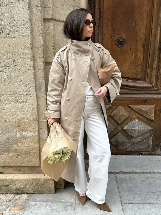 Damen Maxi-Trenchcoat mit hohem Stehkragen, doppelreihiger Knopfleiste & Taillengürtel Shop Nory