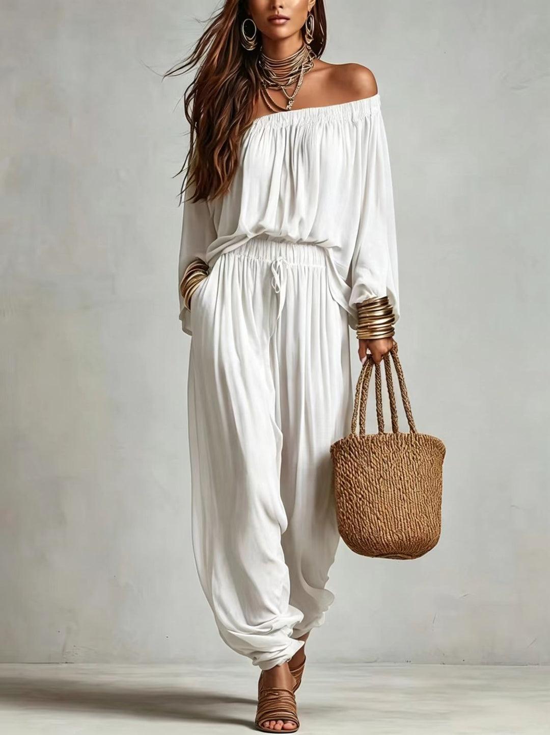 Damen Off-Shoulder Jumpsuit mit elastischem Taillenbund und weitem Plissee-Hosenbein Shop Nory