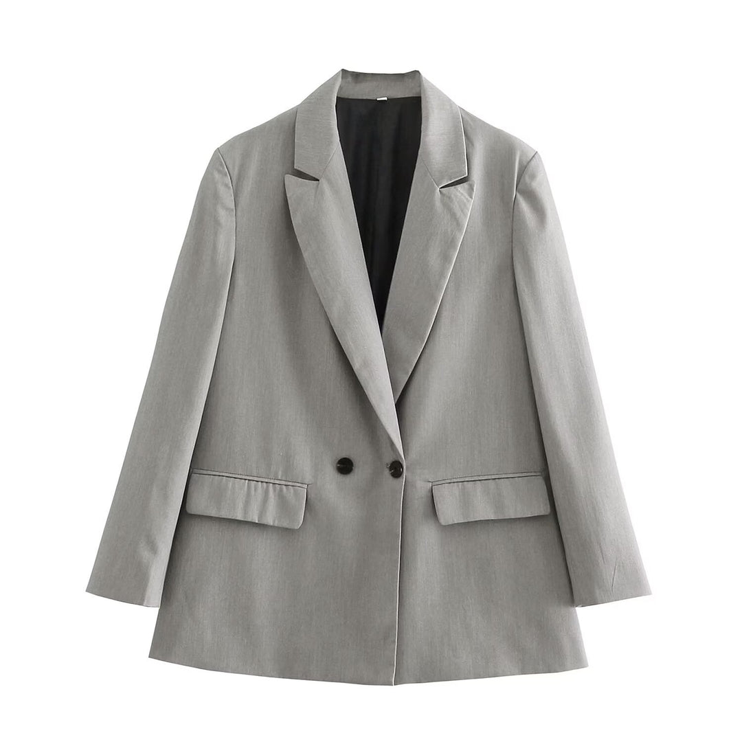 Damen Doppelreihiger Longblazer mit weitem Schalkragen und Pattentaschen Shop Nory