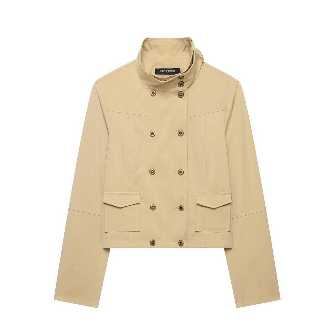 Damen Kurzgeschnittene Doppelreihige Utility-Jacke mit Stehkragen und Pattentaschen Shop Nory