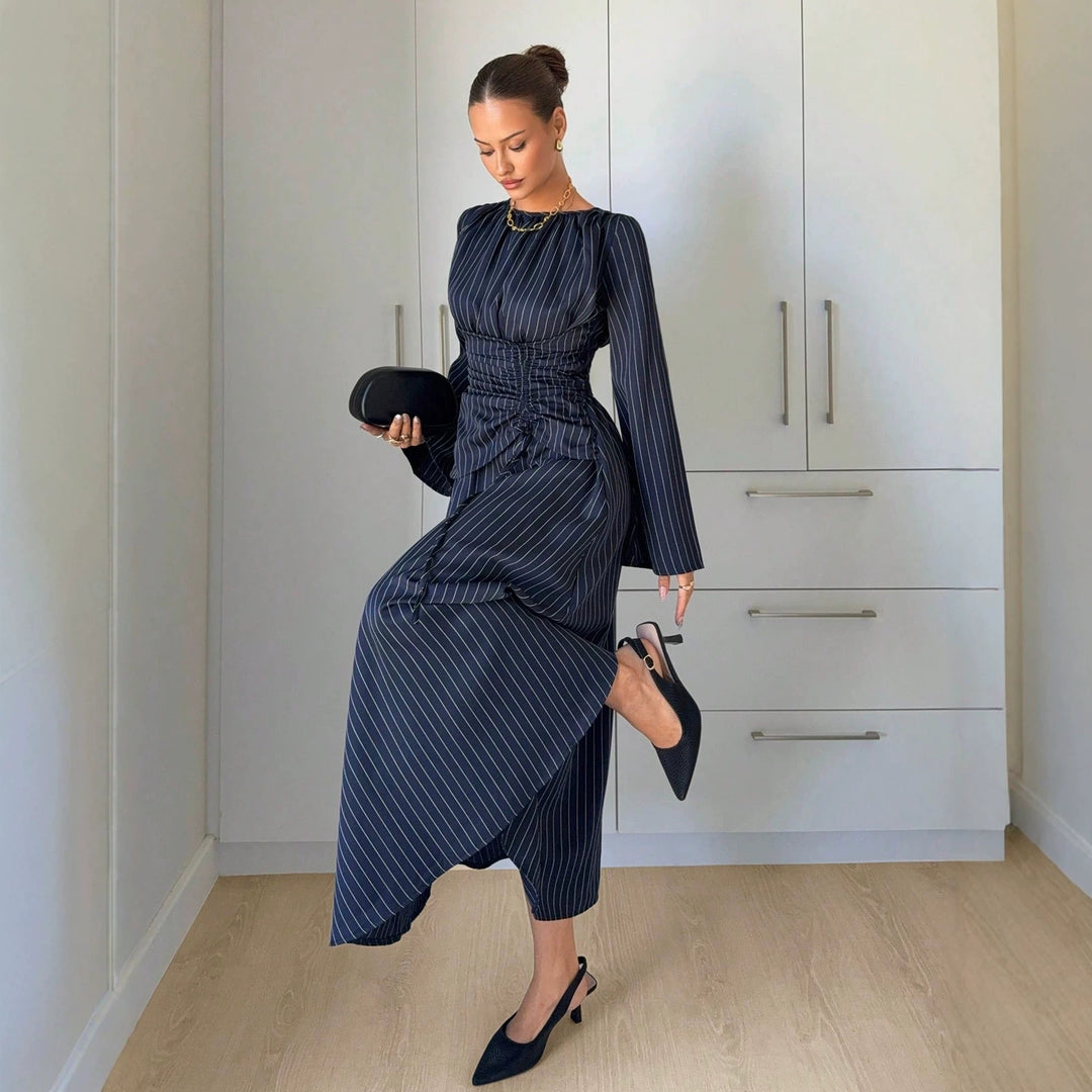 Damen Maxikleid mit geraffter Taillen-Schnürung, weiten Ärmeln und fließendem Rock Shop Nory