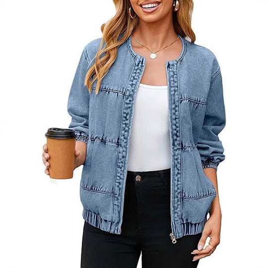 Damen Jeansblouson im Bomberstil mit Rundhals, Galonnähten und elastischem Saum Shop Nory