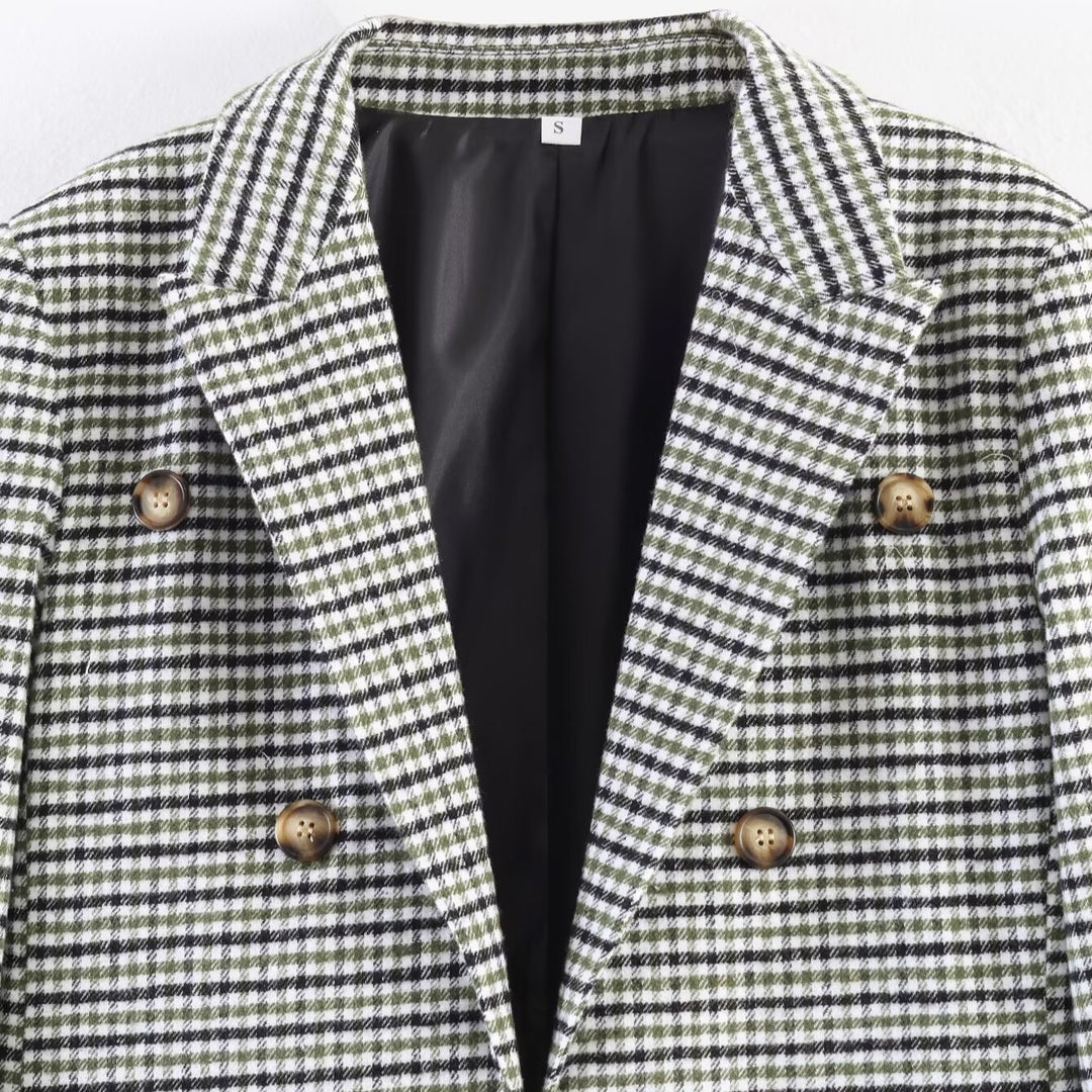 Damen Zweireihiger Hahnentritt-Blazer mit Schwalbenschwanz-Saum und Reverskragen Shop Nory