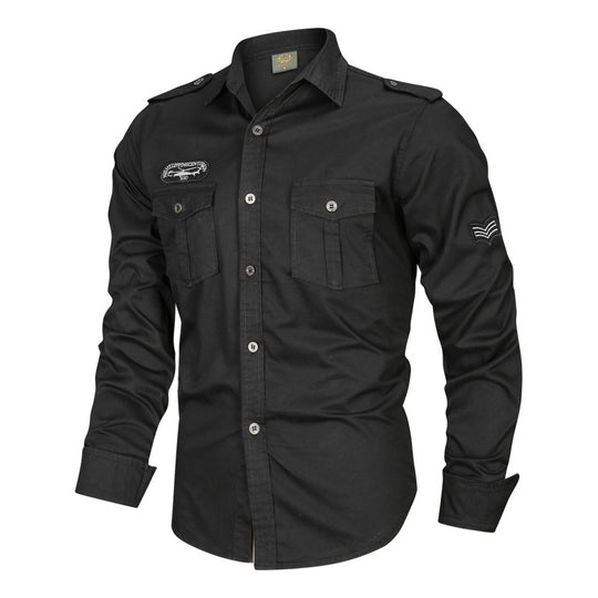 Herren Militärisches Baumwollhemd mit Schulterklappen, Pattentaschen und Stickpatches Shop Nory