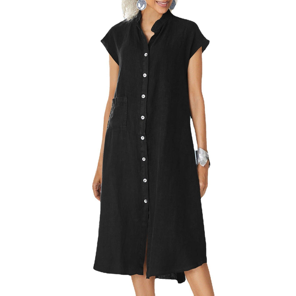 Damen lässiges Midi-Hemdkleid aus Leinen mit Knopfleiste und seitlichen Taschen