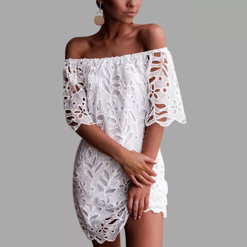 Damen Off-Shoulder Kleid mit floralen Cut-Outs und luftigen Ärmeln