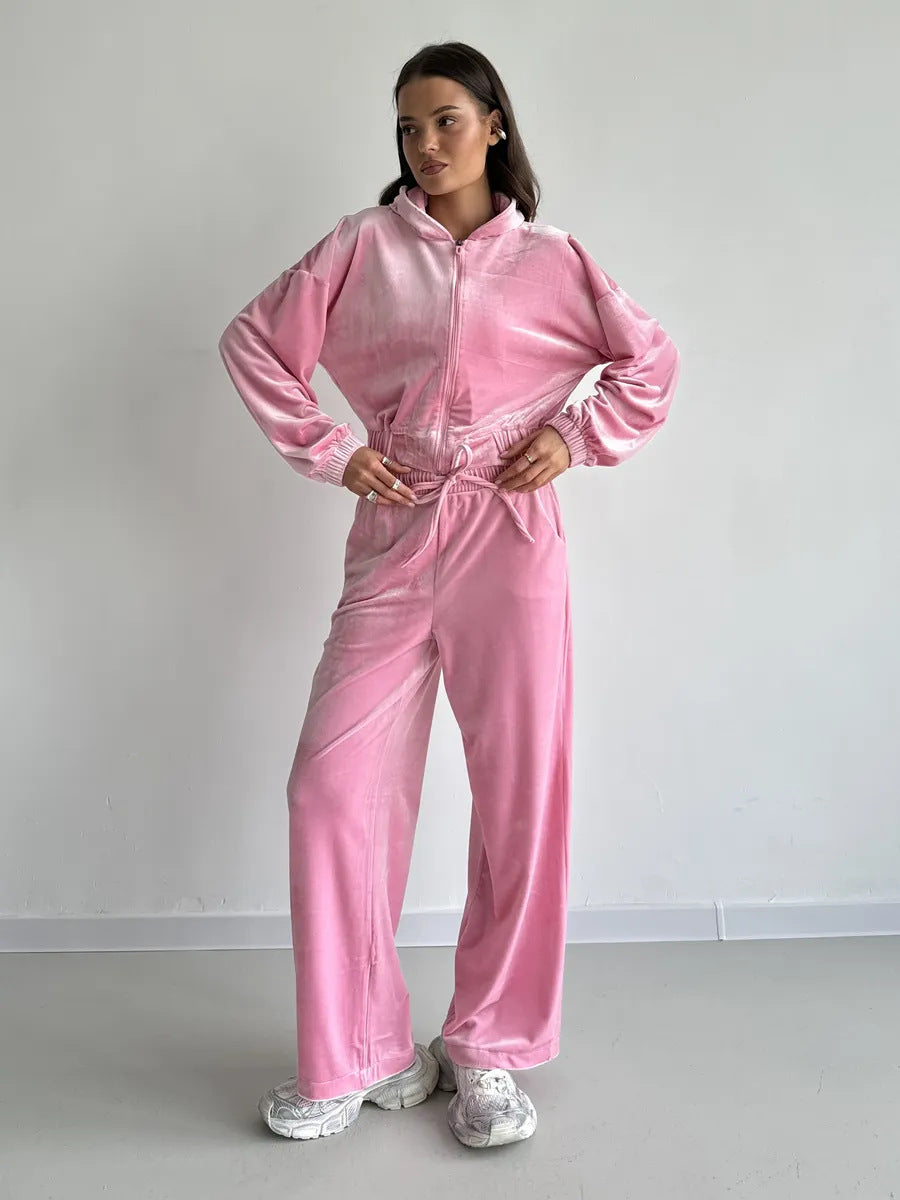 Damen weiches Velours-Lounge-Set mit kurzer Reißverschluss-Kapuzenjacke und weiter High-Waist-Hose Shop Nory