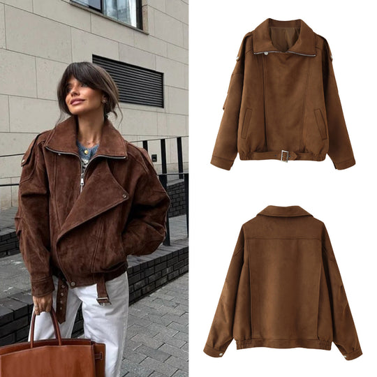 Damen Oversized Kunstwildleder‑Fliegerjacke mit Taillenriemen, Schulterpatten und Stehkragen Shop Nory
