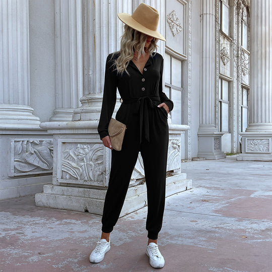 Damen Lässiger Einteiler-Jumpsuit mit Knopfleiste, Bindegürtel und Rippbündchen Shop Nory