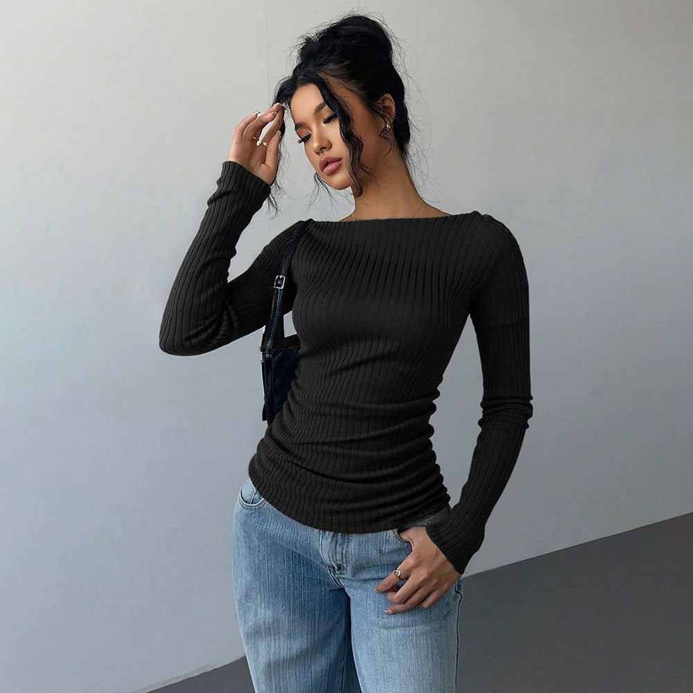 Damen schulterfreies geripptes Langarmshirt mit taillierter Raffung und figurbetontem Stretch Shop Nory