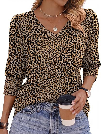 Damen Leopardenmuster V‑Neck Bluse mit 3/4-Ärmeln und geraffter Vorderpartie Shop Nory