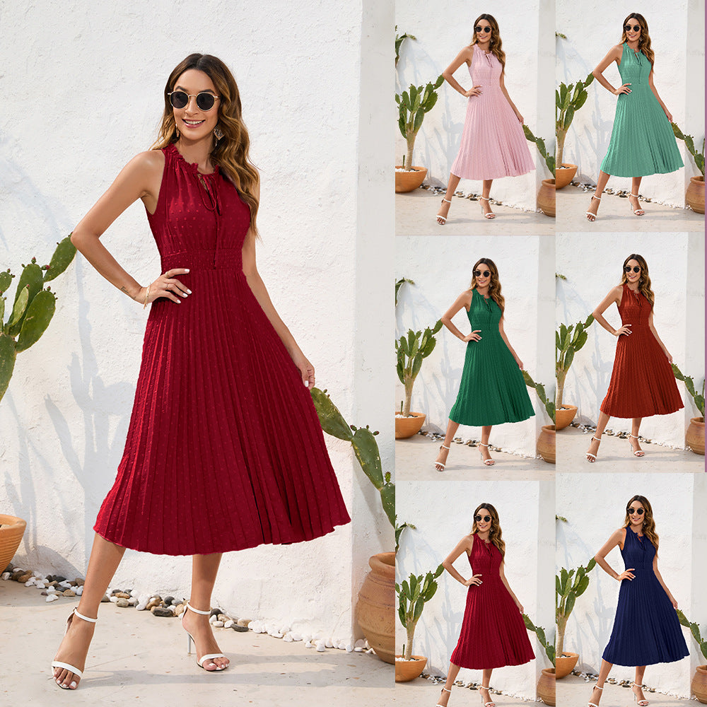 Damen Plissiertes Midikleid mit elegantem Schlitz und verstellbarem Kragen Shopnory