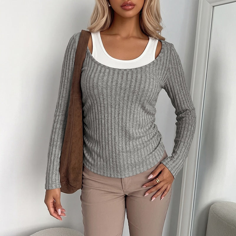 Damen Geripptes Langarmshirt mit weitem U-Boot-Ausschnitt und taillierter Silhouette Shop Nory