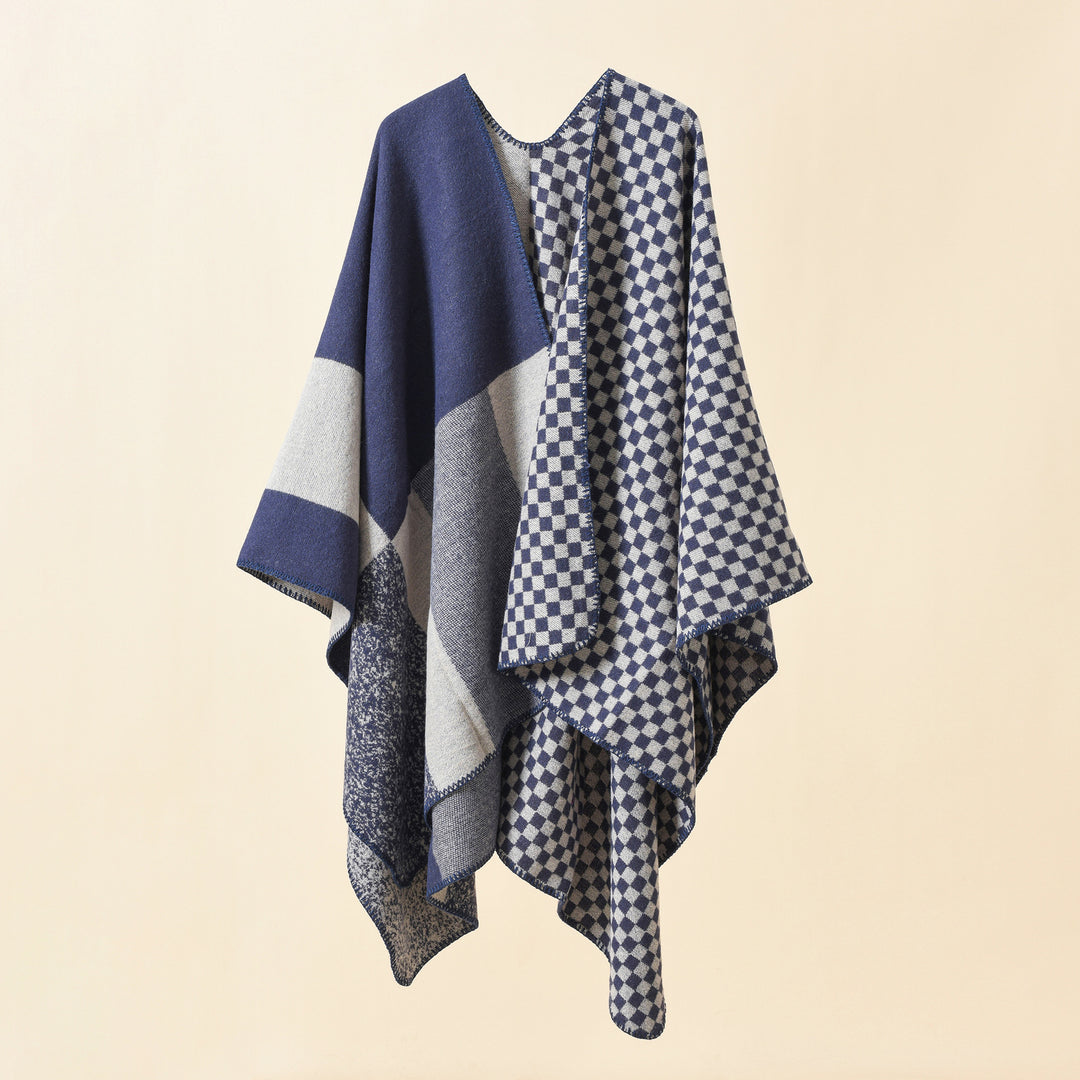 Damen Wendbarer Karomuster-Capeponcho aus Wollmix mit kastigem Oversize-Fall Shop Nory