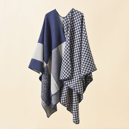 Damen Wendbarer Karomuster-Capeponcho aus Wollmix mit kastigem Oversize-Fall Shop Nory