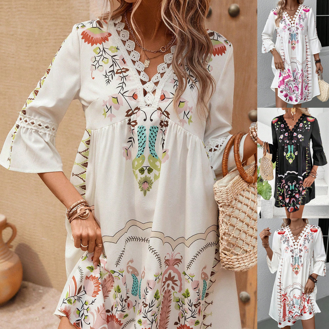 Damen Boho-Kleid mit Stickerei, Häkel-V-Ausschnitt und ausgestellter A-Linie Shop Nory