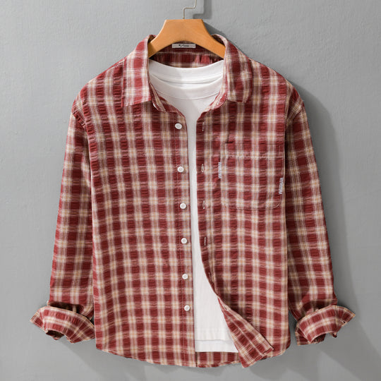 Herren Leichtes kariertes Baumwoll-Overshirt mit Soft-Crinkle‑Struktur, Brusttasche und Relaxed‑Fit Shop Nory
