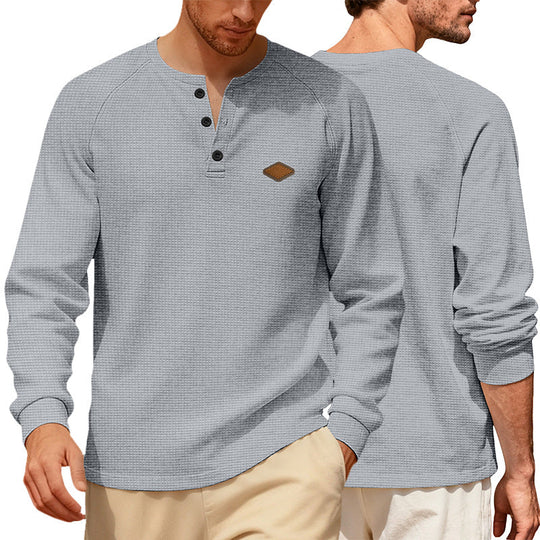 Herren nan Waffelstrick-Henley Langarmshirt mit Raglanärmeln, Halbknopfleiste und Lederlabel Shopnory