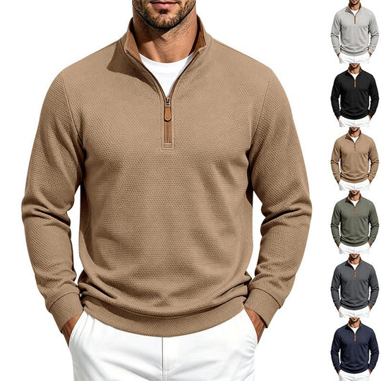 Herren Struktur-Halbzipp-Pullover mit Stehkragen und Kontrastinnenkragen Shop Nory