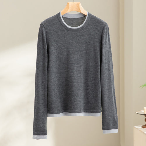 Damen Feiner Rundhalspullover aus Merino-Mix mit Kontrastbündchen Shop Nory