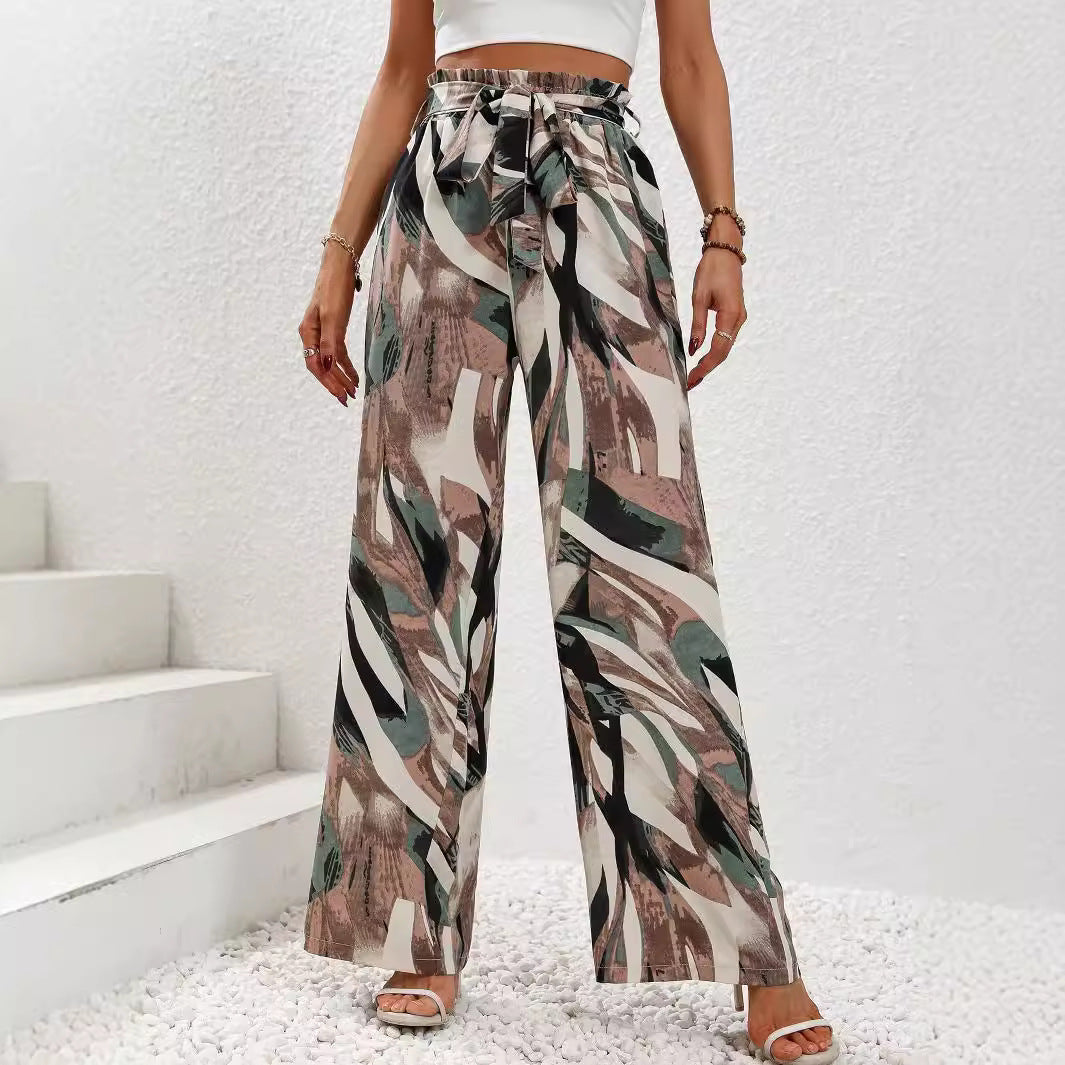 Damen Hochtaillierte und weit geschnittene Leinenoptik Stoffhose mit Bindegürtel Shop Nory