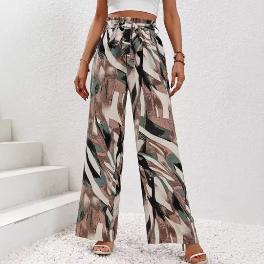 Damen Hochtaillierte und weit geschnittene Leinenoptik Stoffhose mit Bindegürtel Shop Nory