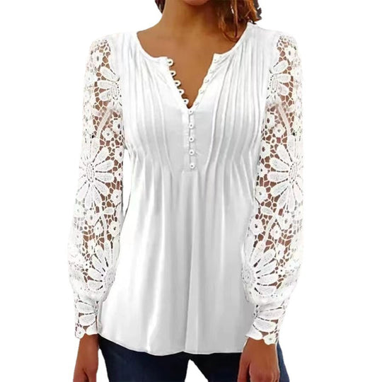 Damen Floral Viskosemischung Bluse mit Häkelärmel und V-Ausschnitt Shop Nory