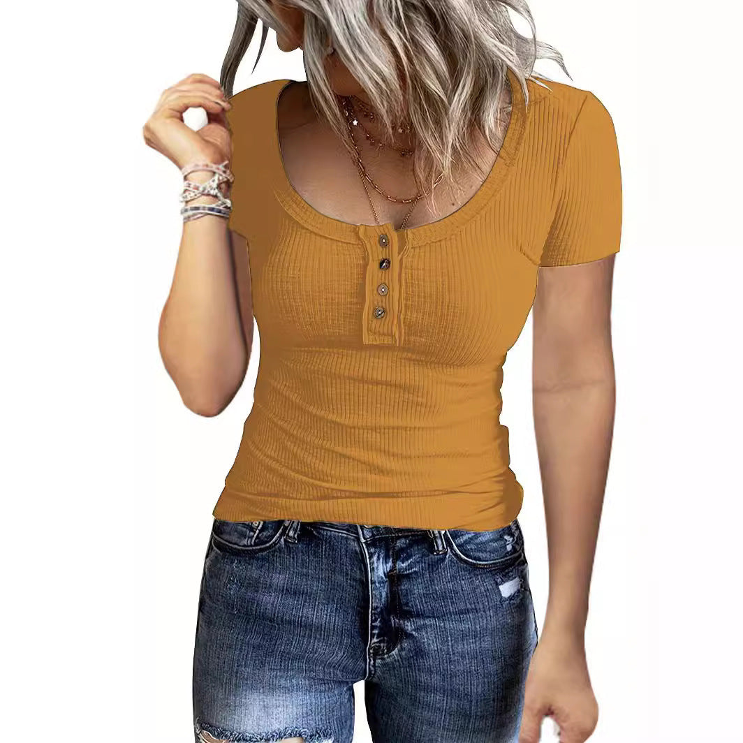 Damen Figurbetontes Kurzarmshirt mit strukturiertem Rippdesign und Knopfleiste
