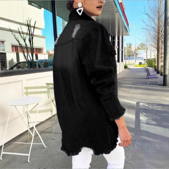 Damen Longline-Denimjacke mit Destroyed-Details und Fransenabschluss Shop Nory