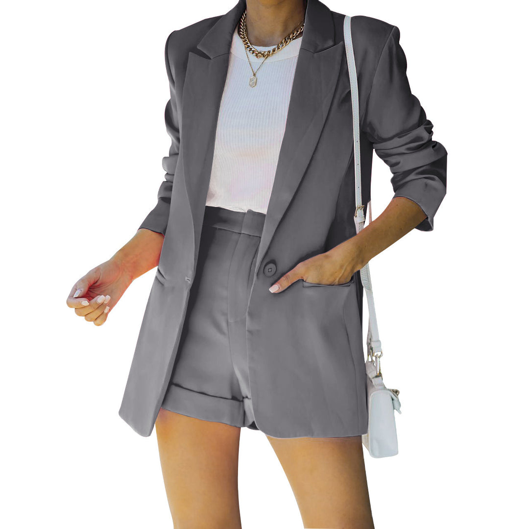 Damen nan figurbetontes Longblazer- und High-Waist-Shorts-Set mit überschnittenen Schultern und aufgesetzten Taschen Shop Nory
