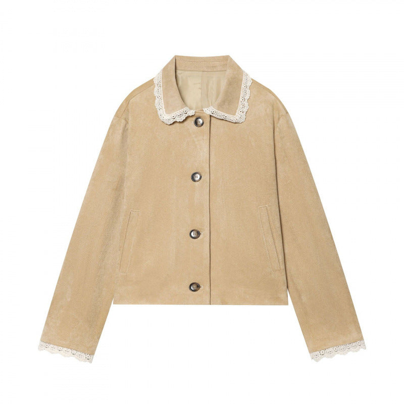 Damen Cropped-Veloursjacke mit Spitzkragen und Spitzenmanschetten Shop Nory