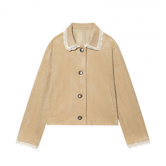 Damen Cropped-Veloursjacke mit Spitzkragen und Spitzenmanschetten Shop Nory