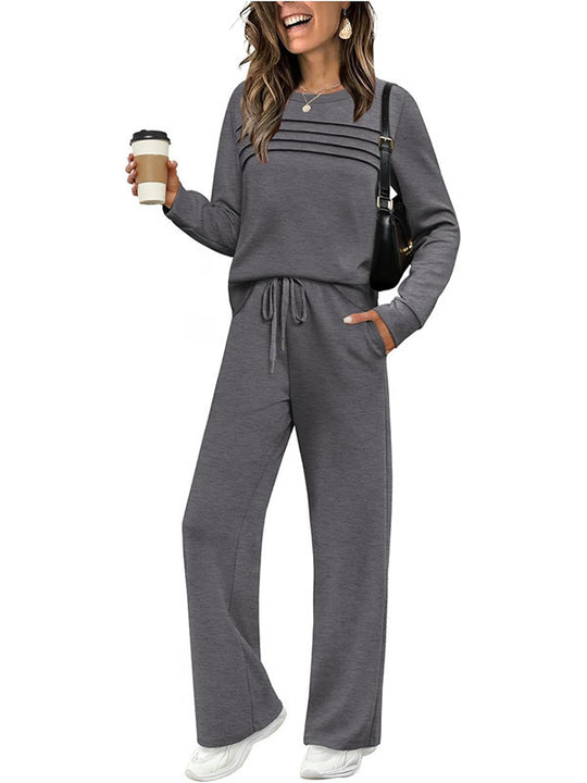 Damen Zweiteiliges Lounge-Set mit Plissee-Detail, Rundhals-Sweatshirt und weitem Kordel-Hose Shop Nory
