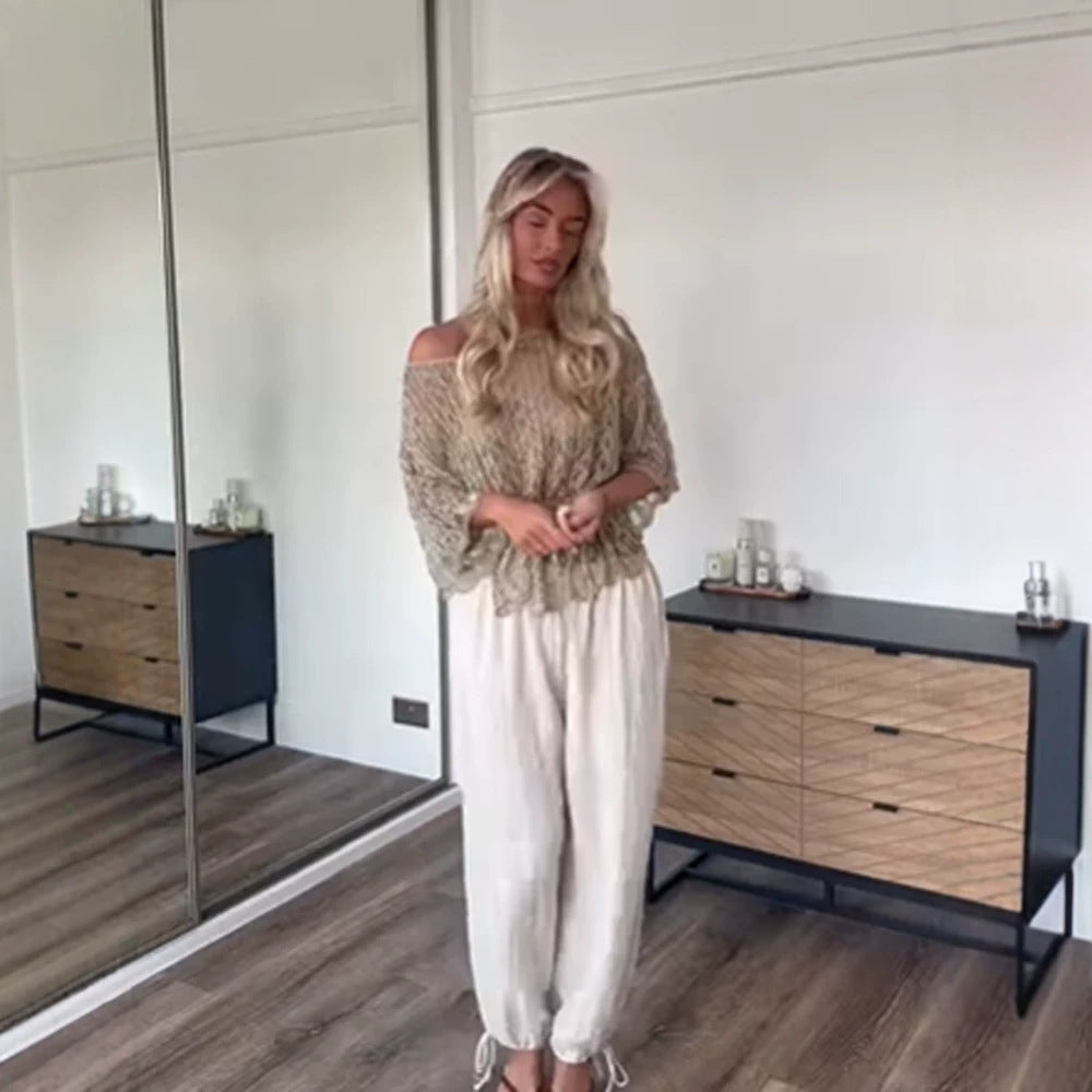 Damen Off-Shoulder Häkel-Strickbluse mit Tunnelzug und Volumenärmeln Shop Nory