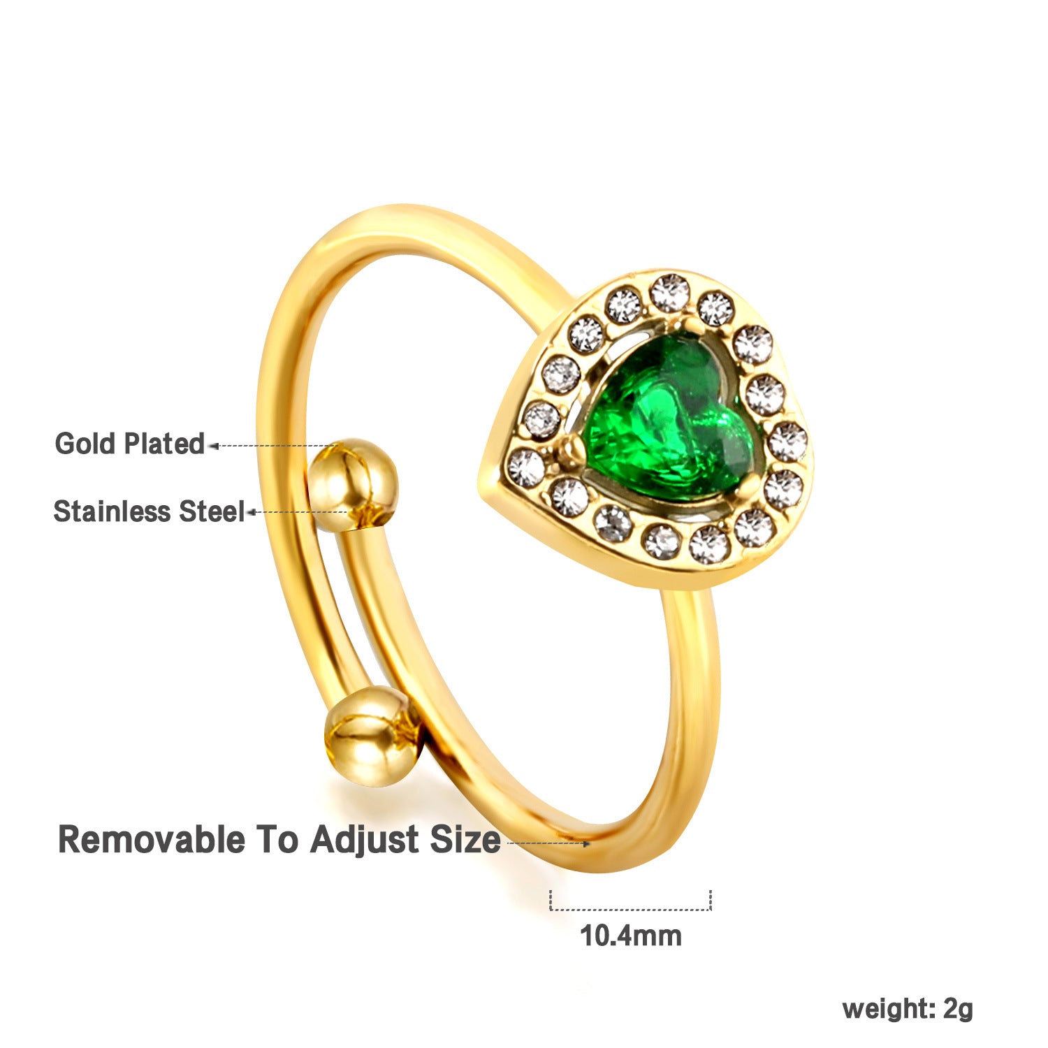 Damen Verstellbarer Ring mit funkelndem smaragdgrünem Anhänger und goldplattierter Edelstahlverarbeitung Shop Nory
