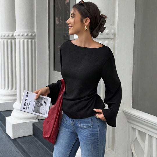 Damen Bootneck-Langarmshirt mit weitem Manschettenärmel und figurbetonter Seitennaht Shop Nory