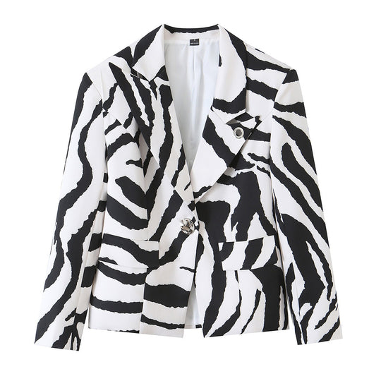 Damen Statement-Zebra-Blazer mit Reverskragen und taillierter Silhouette Shop Nory