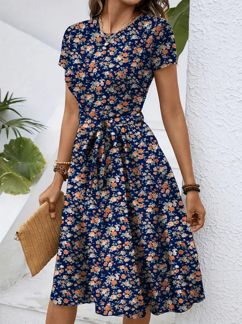 Damen Elegantes Midikleid mit floralem Design und Taillengürtel Shopnory