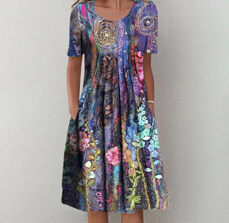 Frauen Mehrfarbige A-Linien Midi Kleid mit Taschen und Abstraktem Blumenmuster Shop Nory