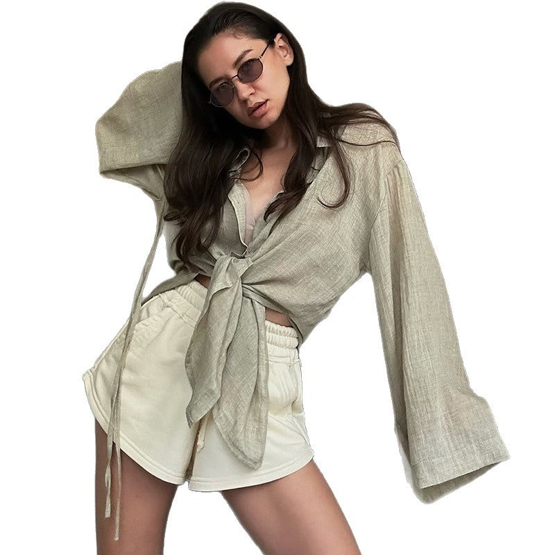 Damen lässige Leinenbluse mit bindbarem Gürtel Shopnory