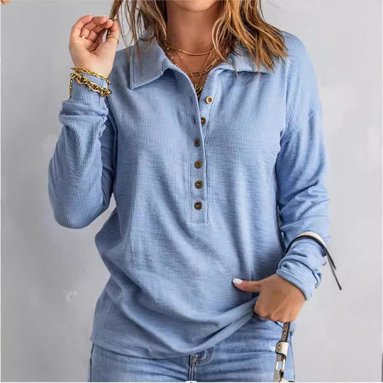 Damen Langarm-Waffelshirt mit Hemdkragen und Knopfleiste Shop Nory