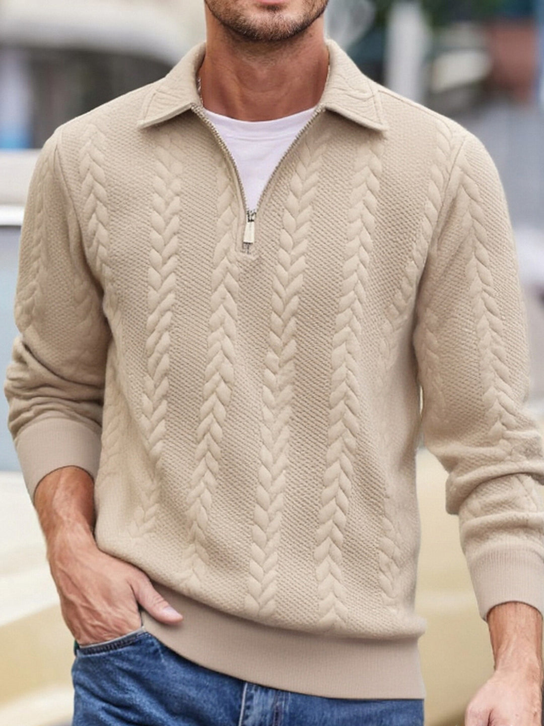 Herren Feinstrukturierter Zopfstrickpullover mit Kurzreißverschluss und Kentkragen Shop Nory