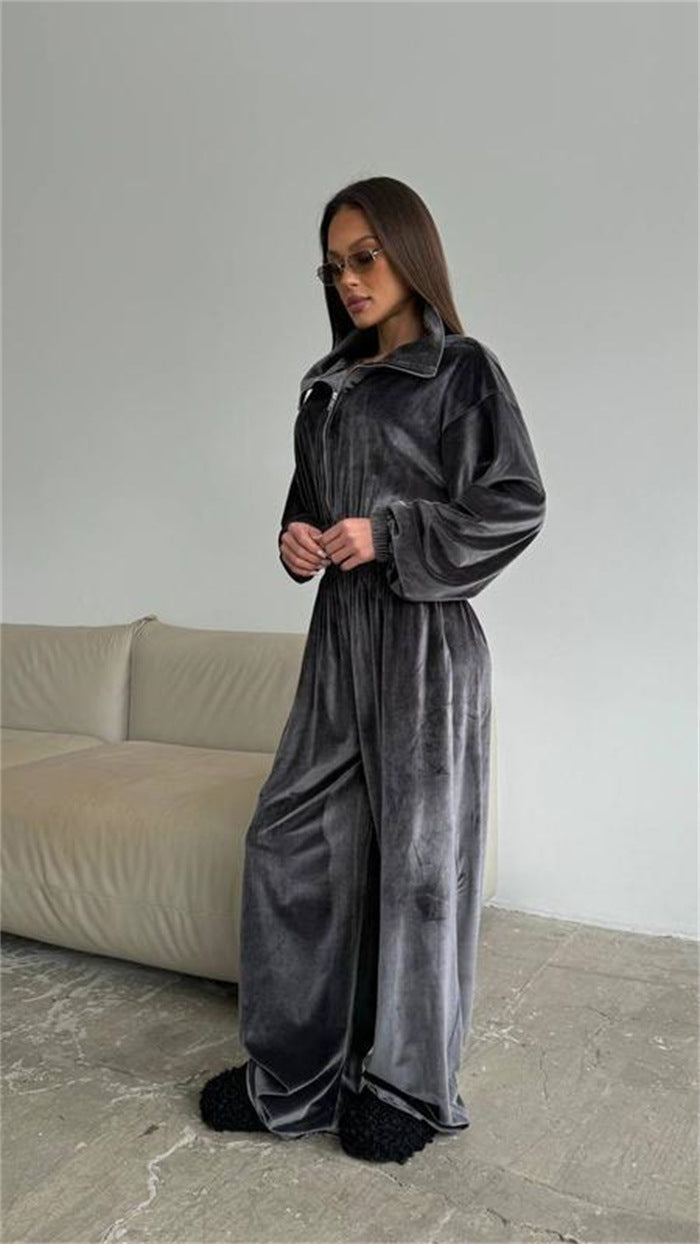 Damen Velours-Overall mit Reißverschluss, elastischem Taillenbund und weitem Palazzo-Bein Shop Nory