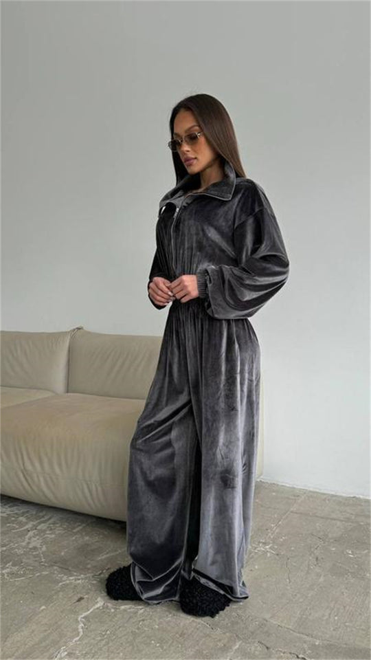 Damen Velours-Overall mit Reißverschluss, elastischem Taillenbund und weitem Palazzo-Bein Shop Nory