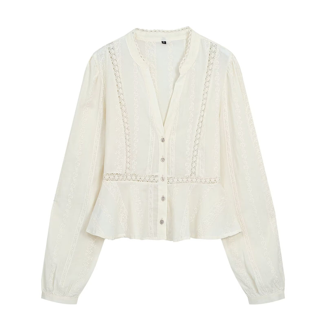Damen Leichte Bluse mit Spitzenbesätzen, V‑Ausschnitt und taillierter Peplum‑Silhouette Shop Nory