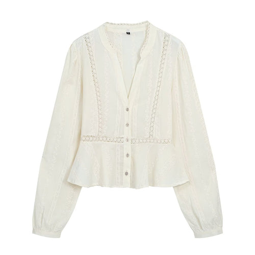 Damen Leichte Bluse mit Spitzenbesätzen, V‑Ausschnitt und taillierter Peplum‑Silhouette Shop Nory