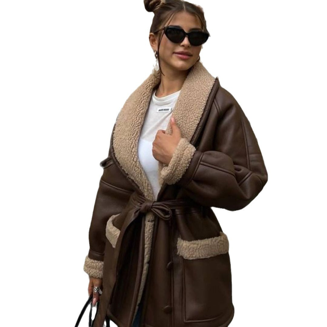 Damen Kurzer Teddy-Mantel mit Bindegürtel und Schalkragen Shop Nory