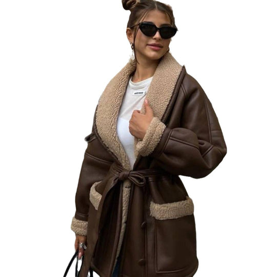 Damen Kurzer Teddy-Mantel mit Bindegürtel und Schalkragen Shop Nory